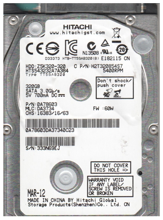 Жесткий диск 2.5" 320Gb, 5400rpm, 8Mb, SATA 2, Hitachi <HTS543232A7A384>